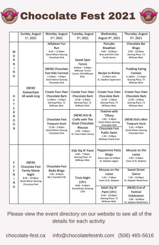 Chocolate Fest schedule 2021