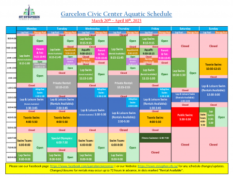 Mar 20 - Apr 16, 2023 Swim Schedule