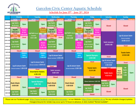 June 15-21, 2024 Aquatics Schedule