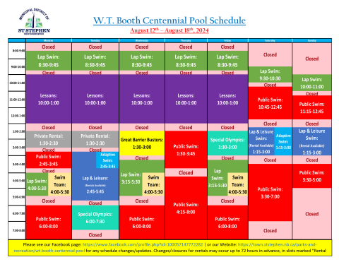 August 12-18, 2024 W.T. Booth Centennial Pool Schedule