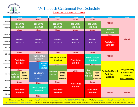 August 19-25, 2024 W.T. Booth Centennial Pool Schedule