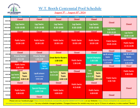August 5-11 W.T. Booth Centennial Pool Schedule