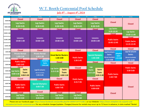 W.T. Booth Centennial Pool Schedule: July 8 - August 4, 2024