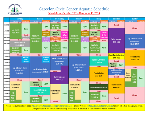 October 28 - December 1, 2024 Aquatics Schedule