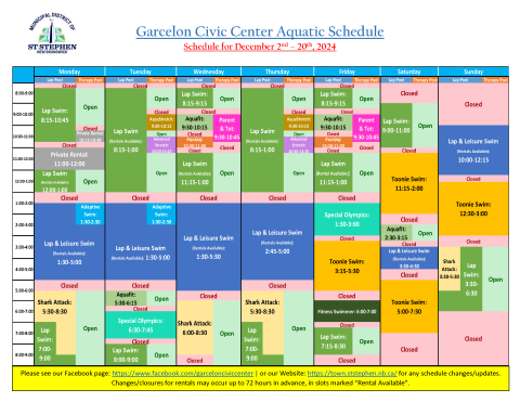 December 2-20, 2024 Aquatic Schedule