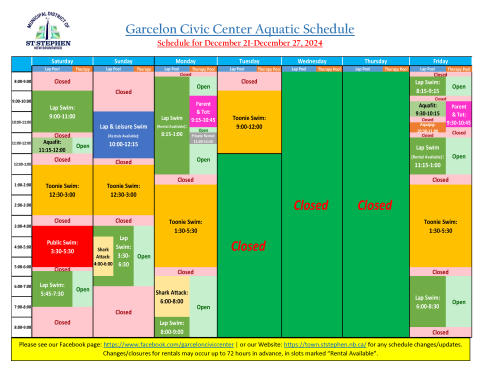 December 21-27, 2024 Aquatic Schedule