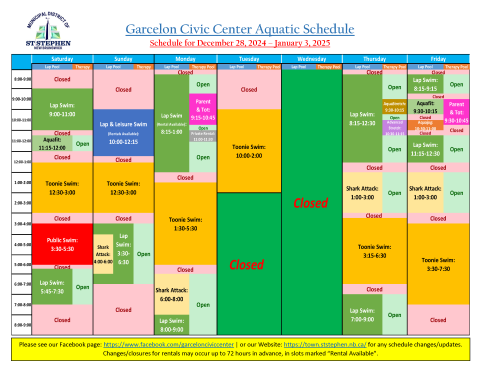 December 28, 2024- January 3, 2025 Aquatic Schedule