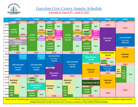 Mar 9th - April 6th Aquatic Schedule