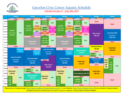 June 1 to June 8th aquatic schedule